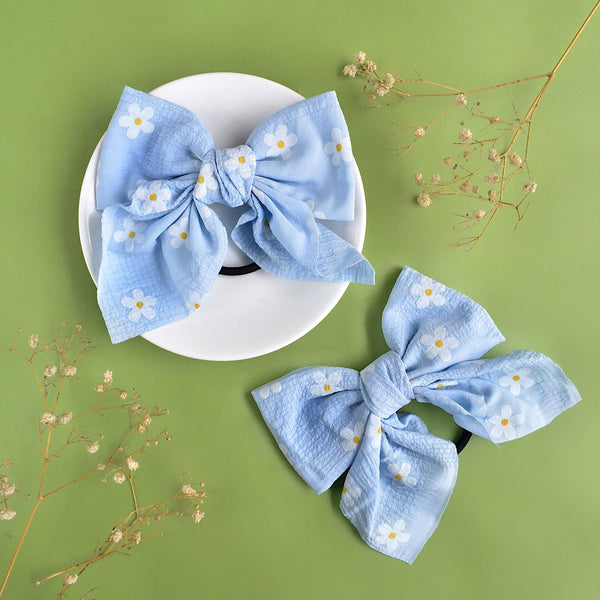 Floral Bow Scrunchie - Light Blue