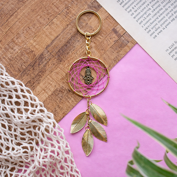 Pink Hamsa Dreamcatcher Keychain
