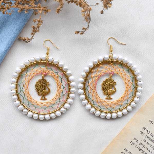 Peacock Pearl Dreamcatcher Earrings - Multicolour