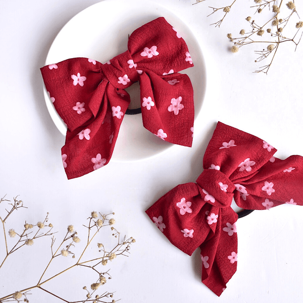 Floral Bow Scrunchie - Red