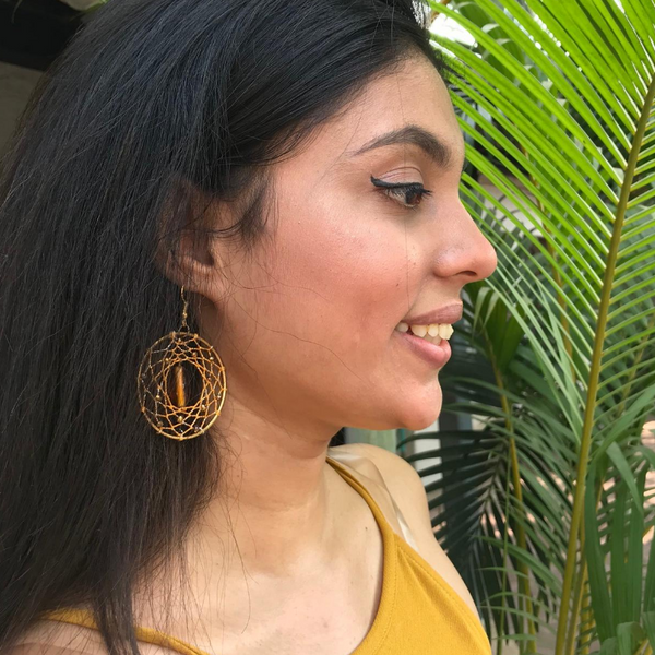 Mustard Stone Beaded Dreamcatcher Earrings