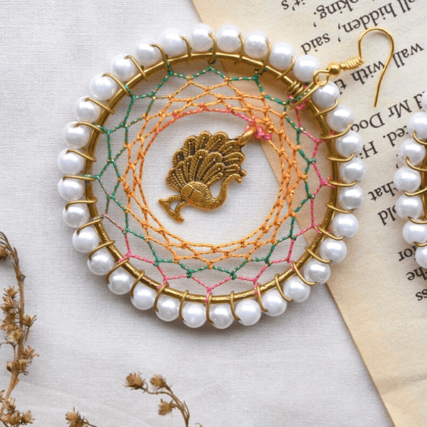 Peacock Pearl Dreamcatcher Earrings - Multicolour