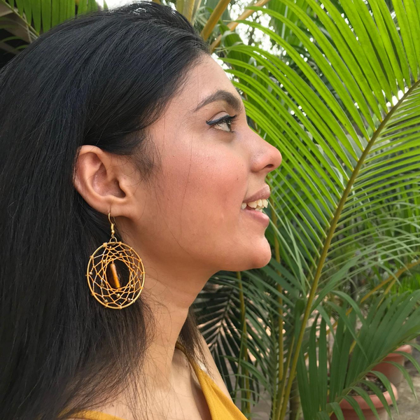Mustard Stone Beaded Dreamcatcher Earrings