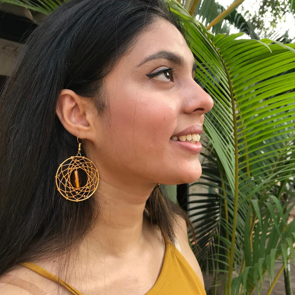 Mustard Stone Beaded Dreamcatcher Earrings