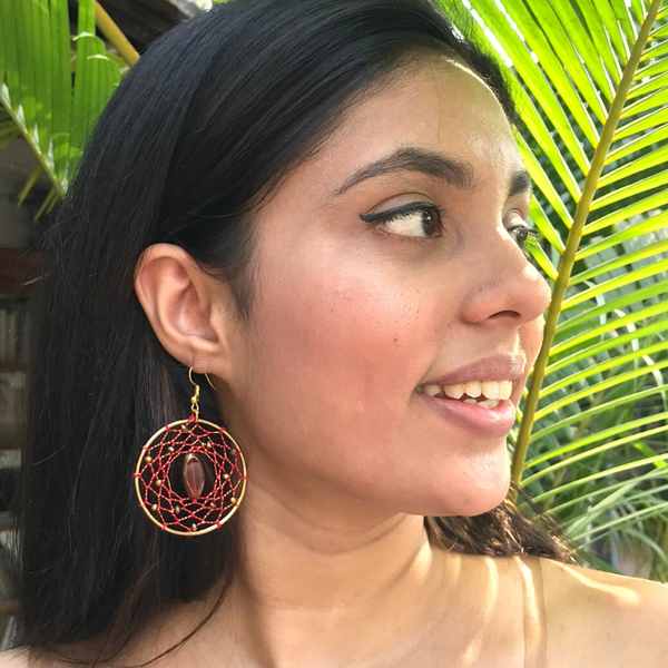 Red Stone Beaded Dreamcatcher Earrings