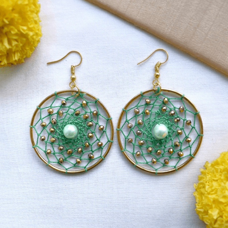 Emerald Pearl Beaded Dreamcatcher Earrings