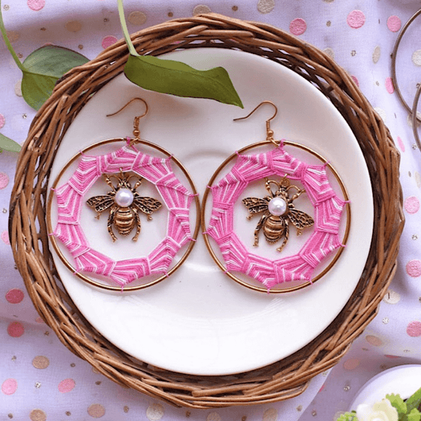 Bumble Bee Pearl Hoops - Pink
