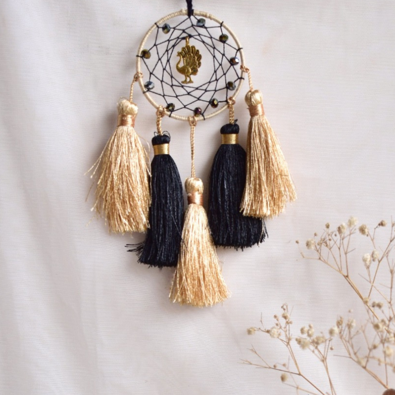 Peacock Tassel Brass Car & Wall Hanging Dreamcatcher- Black