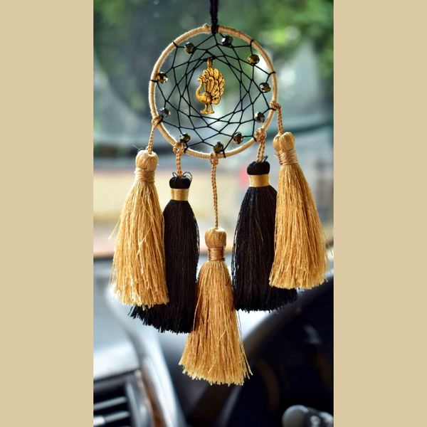 Peacock Tassel Brass Car & Wall Hanging Dreamcatcher- Black
