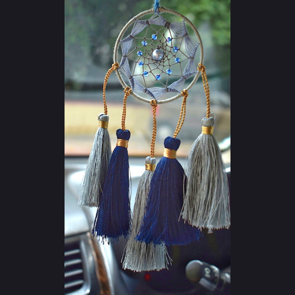 Pearl Tassel Brass Car & Wall Hanging Dreamcatcher- Blue
