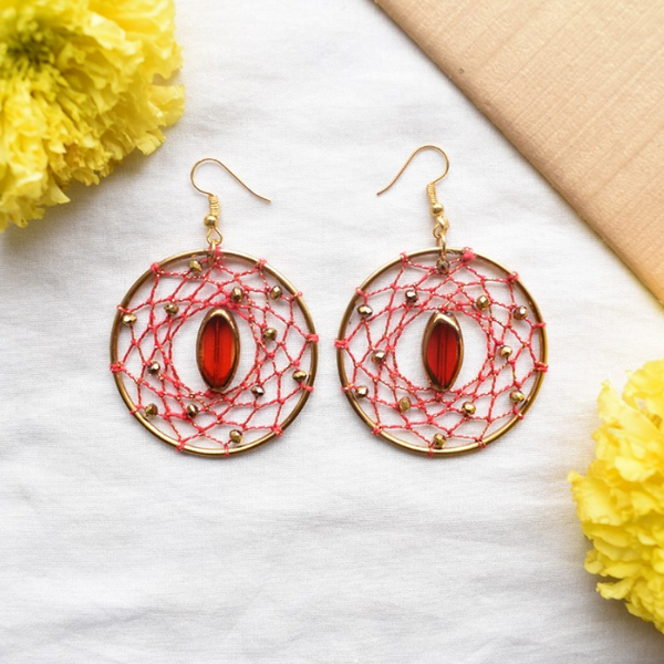 Red Stone Beaded Dreamcatcher Earrings