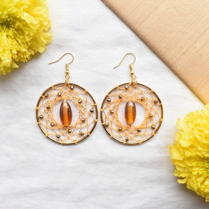 Mustard Stone Beaded Dreamcatcher Earrings